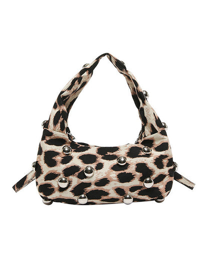 Leopard Print Retro Punk Style Studded Shoulder Bag