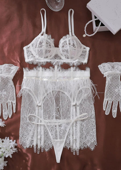 Feather Lace Lingerie Set with Gloves – White Bridal 3-Piece