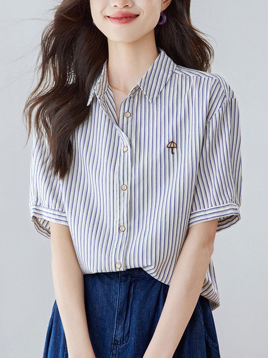 Genesis Loose Lapel Embroidered Striped Shirt