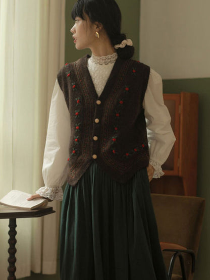 Daisy Vintage Embroidery V-Neck Knitted Vest