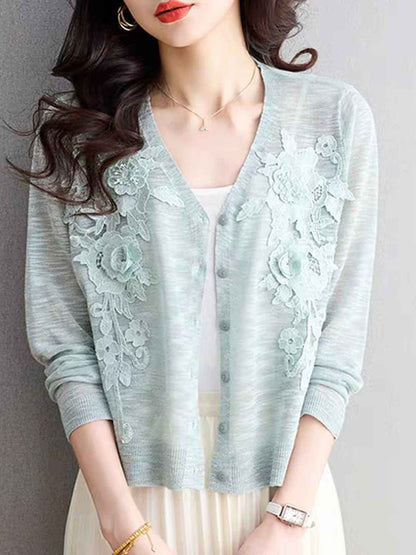 Zoe Elegant V-Neck Hollowed Embroidered Knitted Cardigan