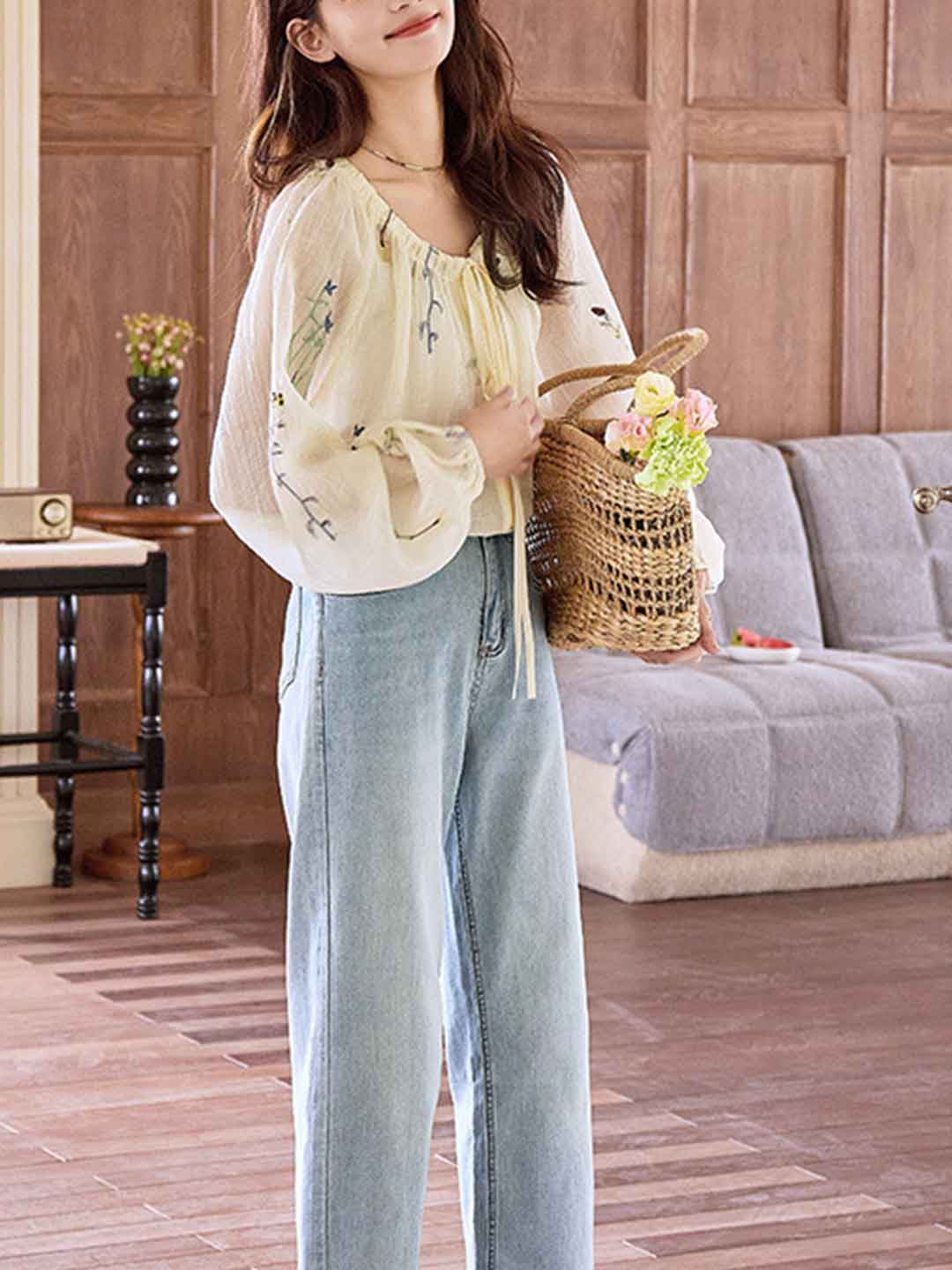 Zoey Loose Crew Neck Embroidered Chiffon Top