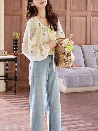 Zoey Loose Crew Neck Embroidered Chiffon Top