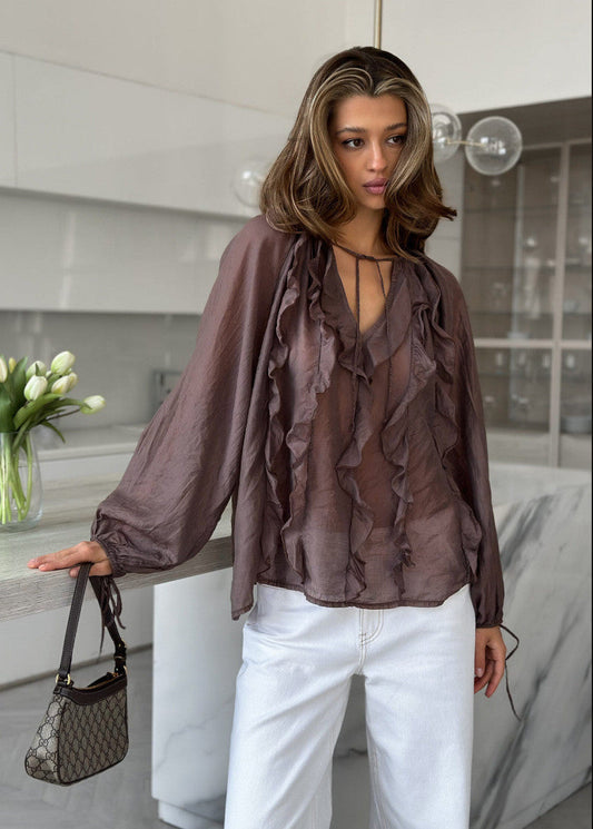 Hazel Whisper - Sheer Ruffle Tie Blouse