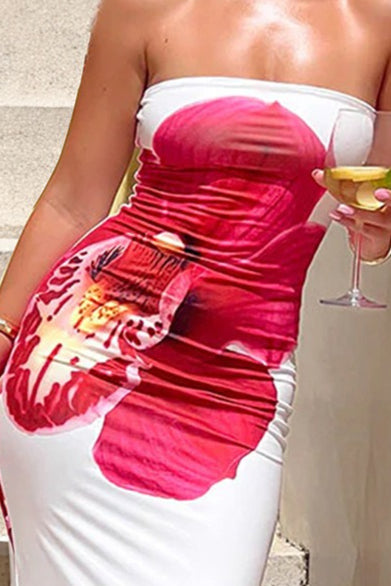 Sexy Floral Print Strapless Bodycon Maxi Dress