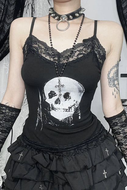 Lace Trim Gothic Skull Graphic Cami Corset
