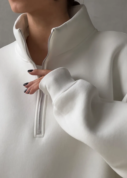Ivory Drift - Oversized Half-Zip Fleece Pullover with Tall Collar