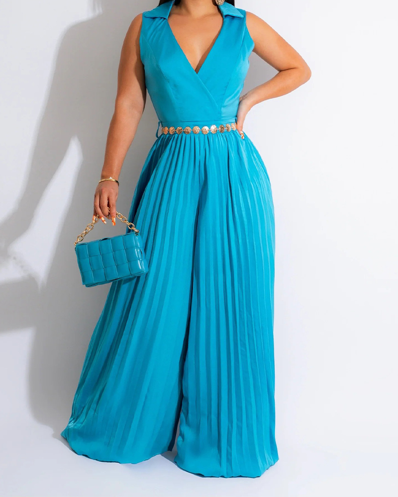 V-Neck Waist Pleated Loose Jumpsuit