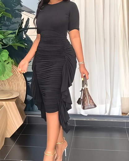 Irregular Ruffled Fitted Pleated Dress