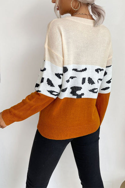 Contrast Leopard Pattern Knit Sweater