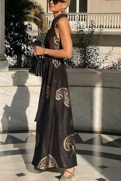 Vestido largo sin mangas con cuello camisero y bolsillos con lazo "Vacation Calls"