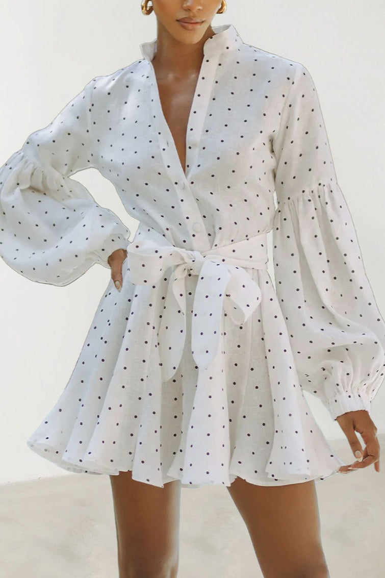 Polka Dot Lantern Sleeve Tie Mini Dress