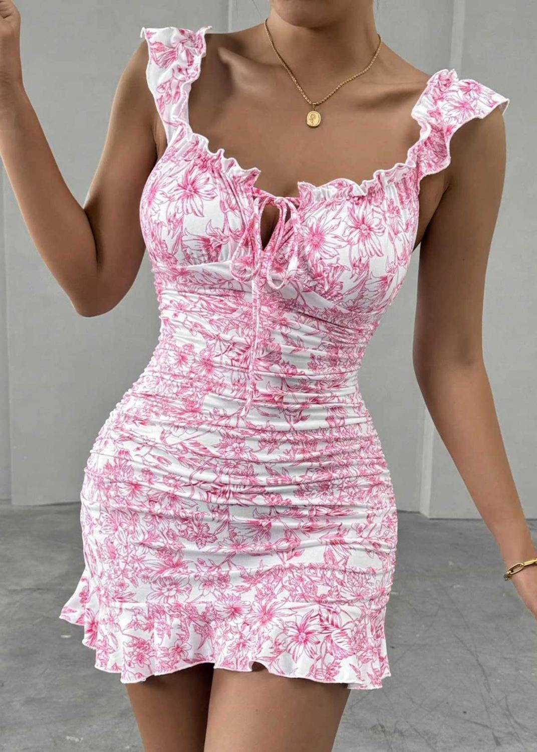 Blossom Ruffle-Trim Floral Mini Dress – Ruched Off-Shoulder Fit