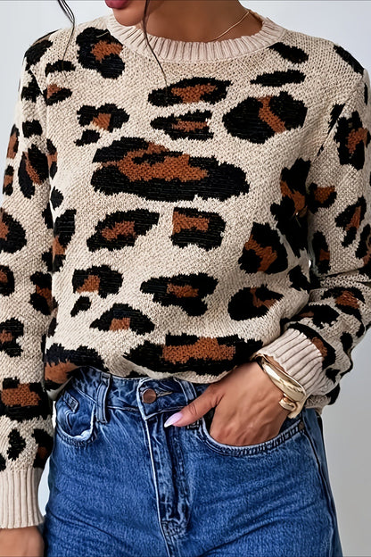 Crew Neck Leopard Pattern Knit Sweater