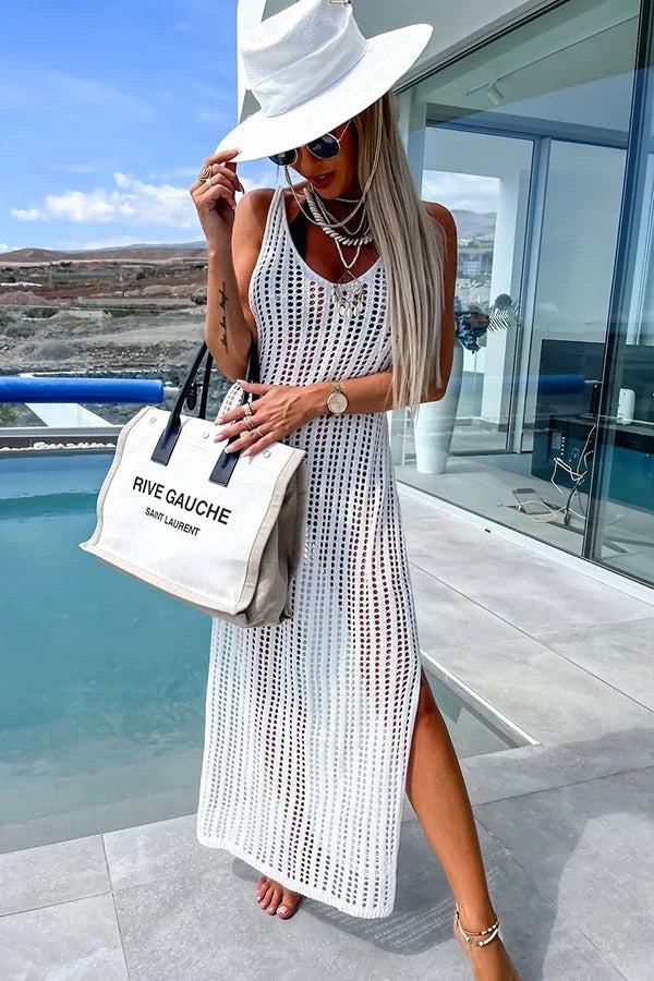Vestido largo con espalda cruzada y tejido a crochet de Desert Island