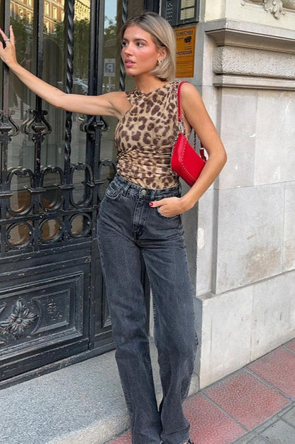 Ruched Leopard Bodysuit Crop Top