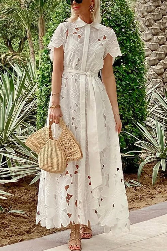 Vestido camisero largo de manga corta con lazo y encaje de crochet floral estilo Dubái