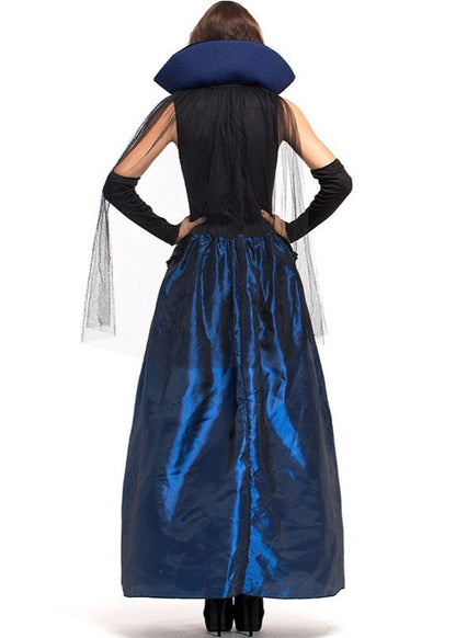 Midnight Duchess - Women’s Blue and Black Vampire Costume Gown with High Collar
