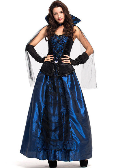 Midnight Duchess - Women’s Blue and Black Vampire Costume Gown with High Collar