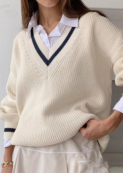 Casual Contrast-Stitch Slim Loose Knit Sweater