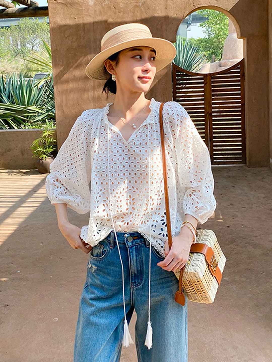 Claire Vacation V-Neck Embroidered Tie Top