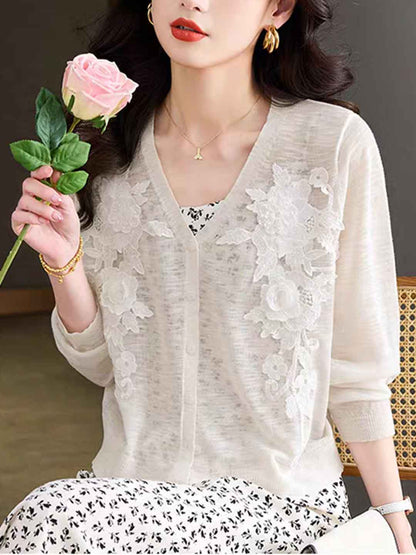 Zoe Elegant V-Neck Hollowed Embroidered Knitted Cardigan