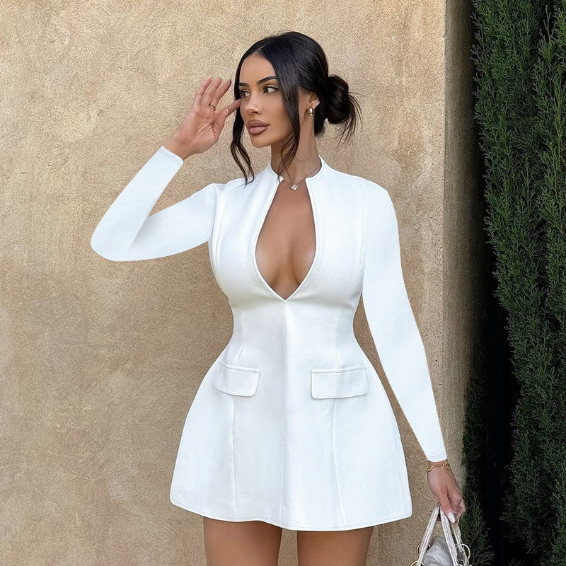 Elegant Slim Fit V-neck Long-sleeve Dress