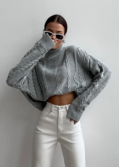 Cable Knit Cropped Turtleneck Sweater – Women’s Chunky Knit Pullover