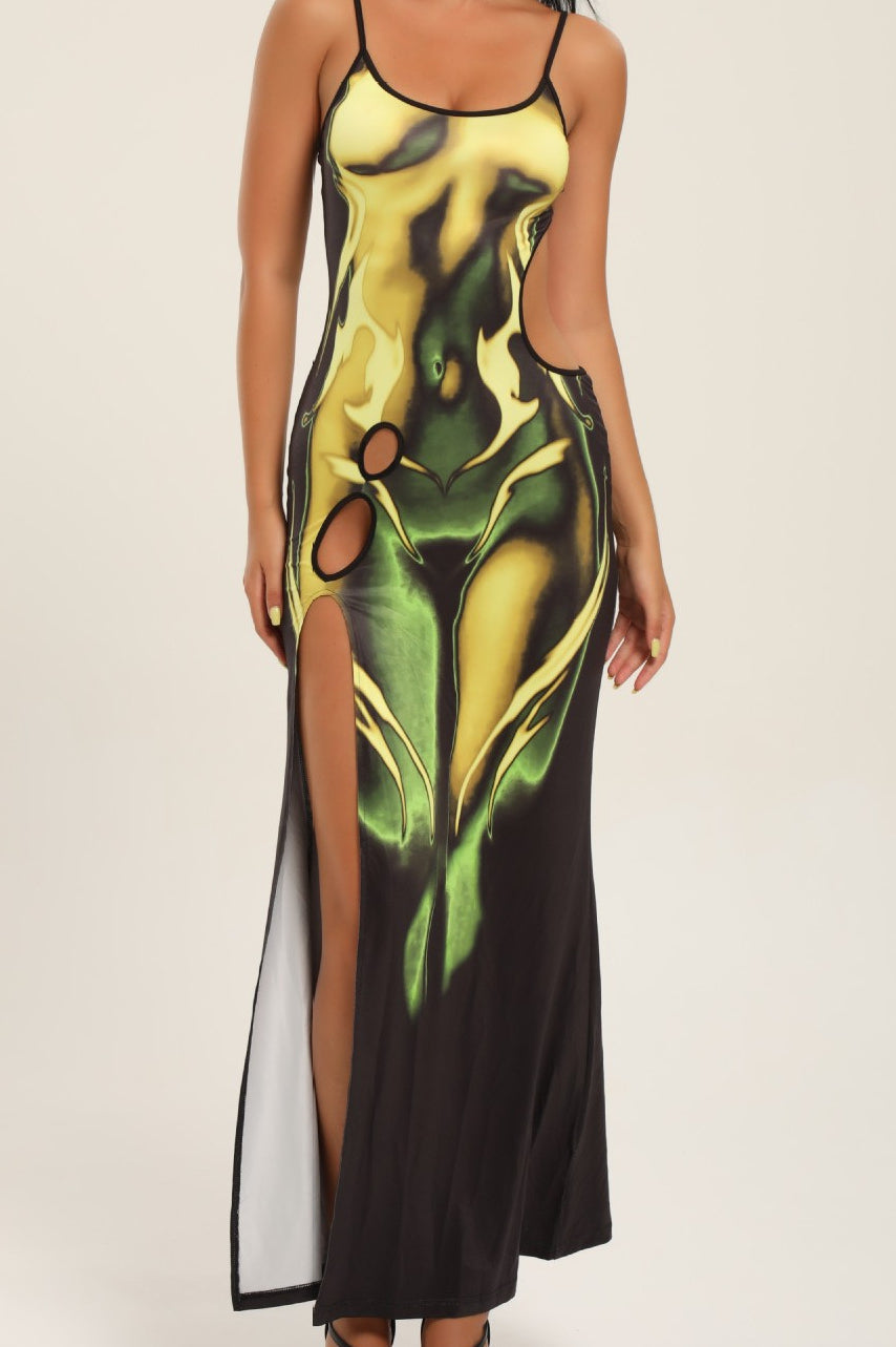 Sexy Hollow Slit Flame Print Bodycon Maxi Dress