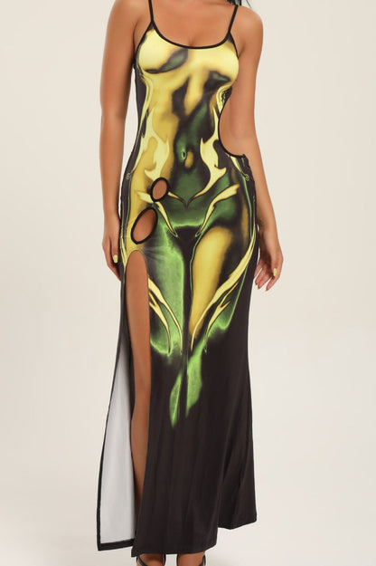 Sexy Hollow Slit Flame Print Bodycon Maxi Dress