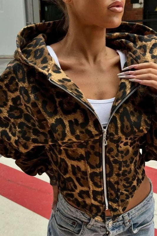 Street Style Leopard Print Hoodie Coat