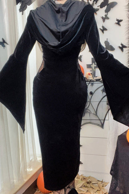 Dark Spiderweb Hooded Flare Gothic Dress