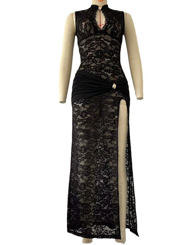 Lace Hollow High Slit Slim Sleeveless Dress