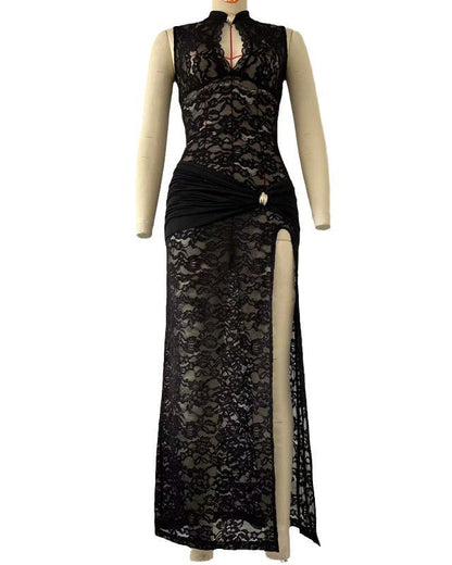 Lace Hollow High Slit Slim Sleeveless Dress