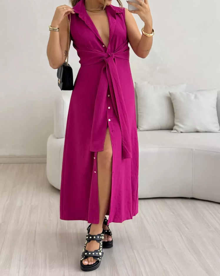 V-Neck Sleeveless Solid Color Waist Dres