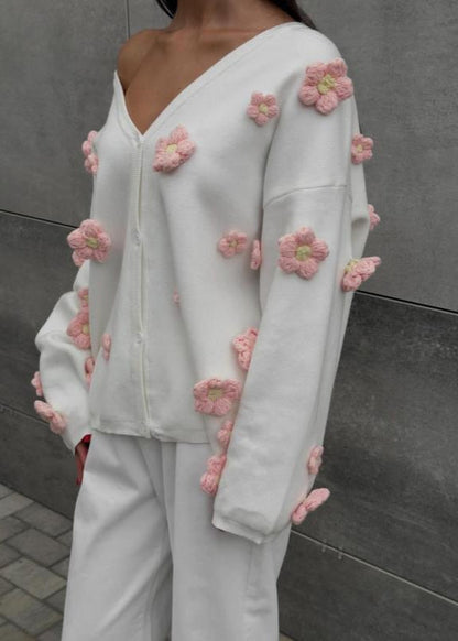 Blush Bloom - 3D Floral Knit Cardigan with V-Neck