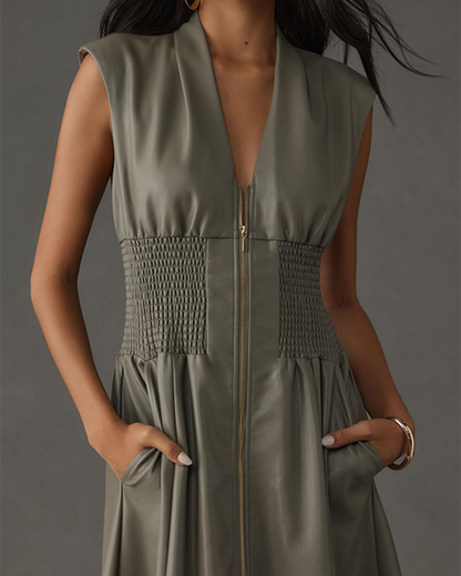 PU Zipper Waist Long Dress