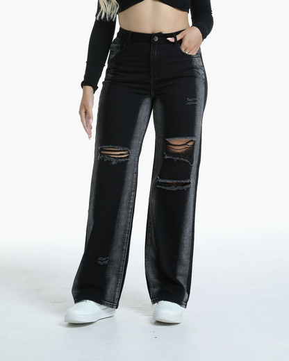 Ripped High-Waist Straight-Leg Jeans