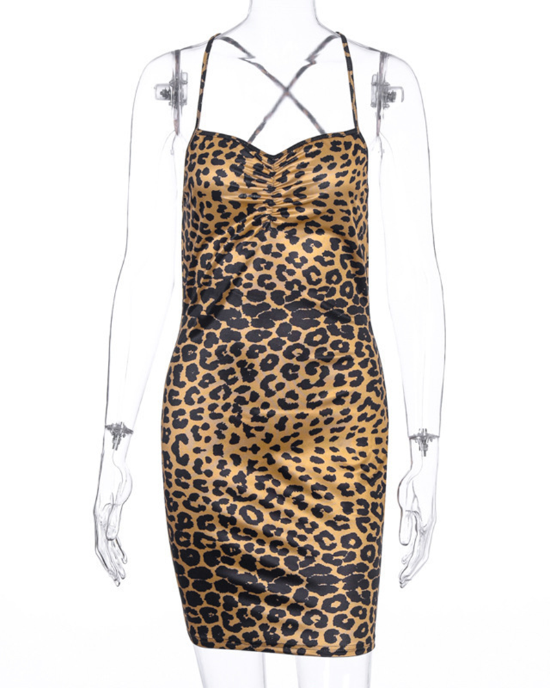 Leopard Print Backless Wrap Buttocks Dress
