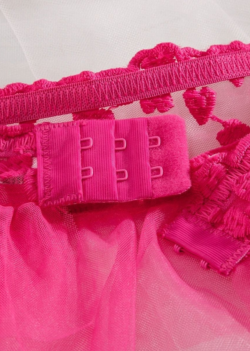 Cherry Bloom Lingerie Set – Sheer Embroidered Bra with Tulle Skirt & Garter