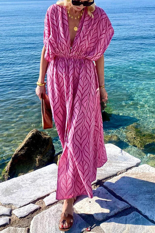Vestido largo playero estilo kimono con diseño de cordón estampado