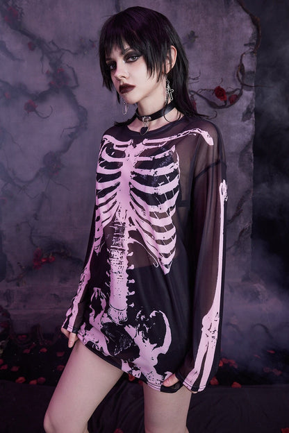 Dark Style Skull Print Mesh Knit Top