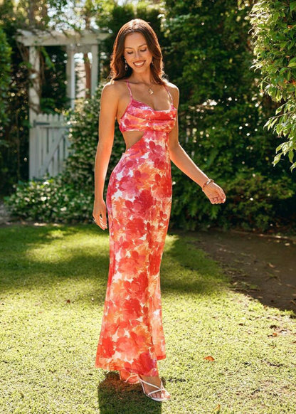 Carmen Cross-Back Floral Maxi Dress – Fitted Silhouette with Open Back
