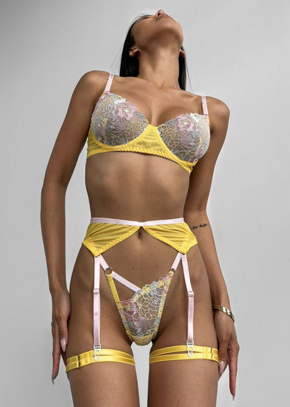 Sunbelle - Sheer Lace Lingerie Set with Embroidered Floral Details