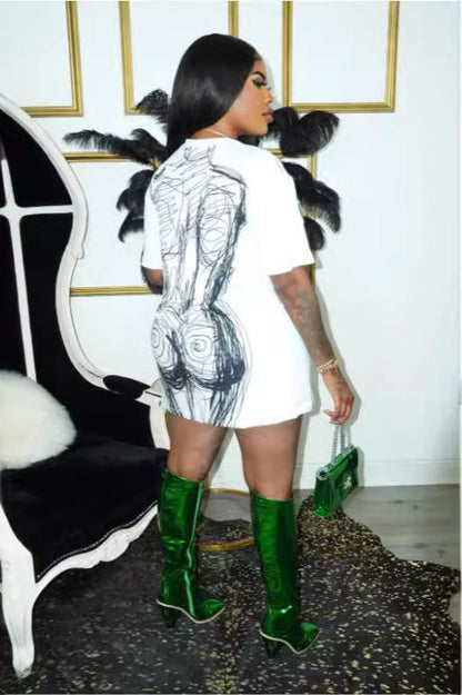 Artistic Line Print T-Shirt Mini Dress