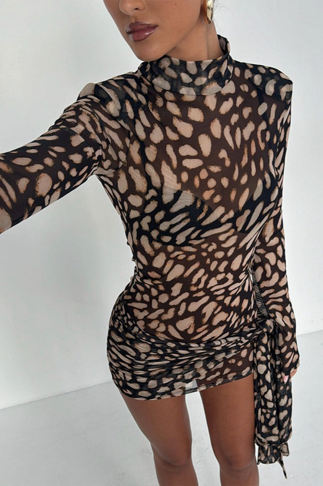 Mesh Turtleneck Leopard Print Bodycon Mini Dress