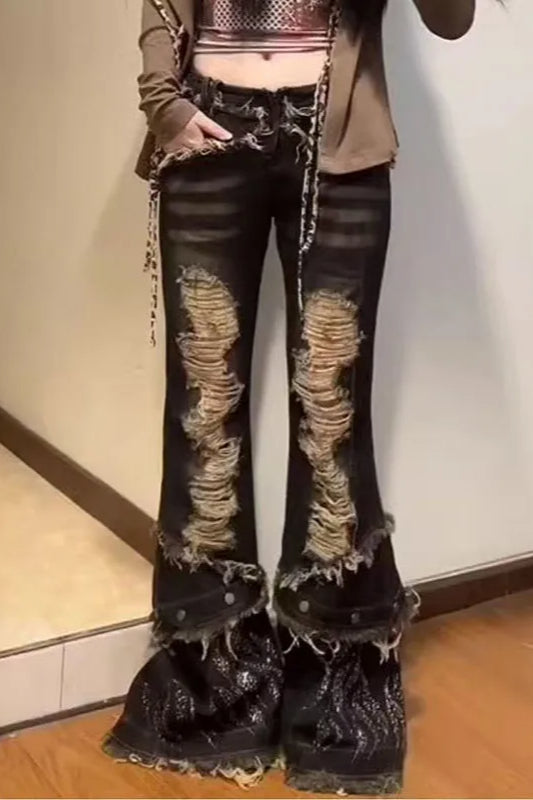 Retro Spice Girl Washed Ripped Flared Jeans