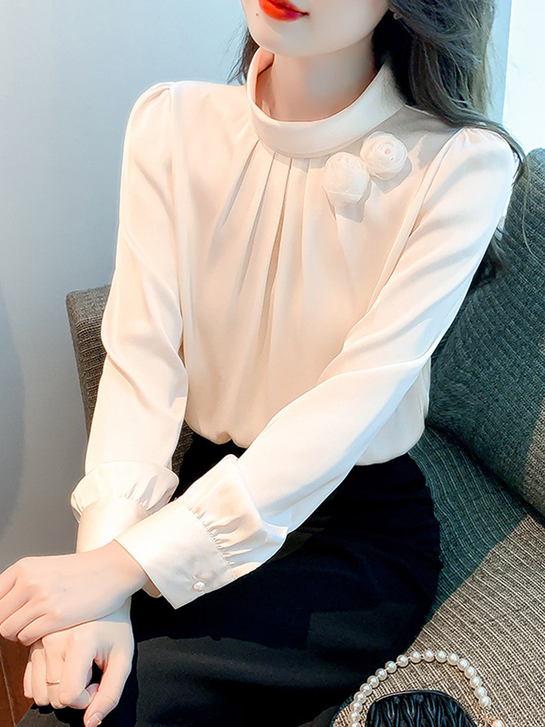 Sara Vintage Chiffon Stand Collar Blouse