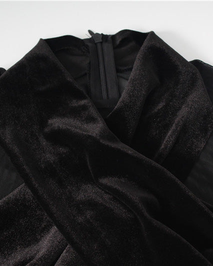 Mesh Velvet Patchwork Cross-Cut Tight Long-Sleeved Jumpsuit