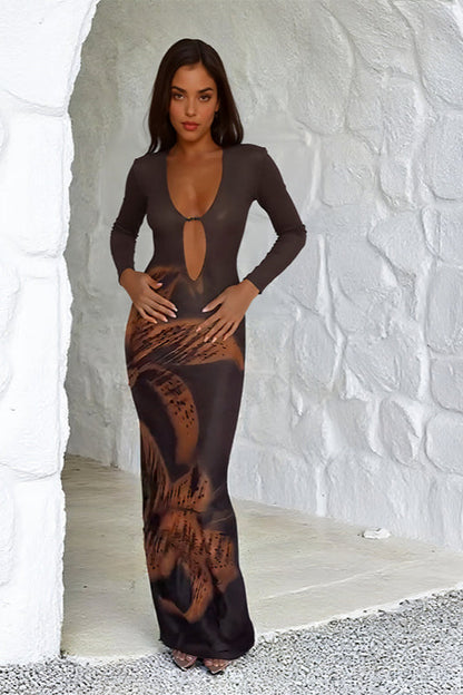 Deep V Cutout Print Long Sleeve Maxi Dress